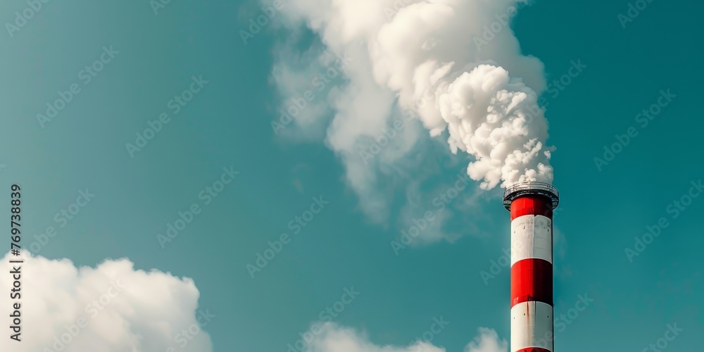 A tall red and white chimney with smoke coming out of it