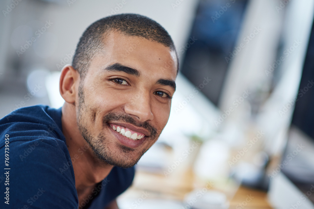 Happy, desk and portrait of business man for startup career, job and working in office. Professional workplace, creative company and face of person with confidence, pride and smile for design agency Happy, desk and portrait of business man for startup career, job and working in office. Professional workplace, creative company and face of person with confidence, pride and smile for design agency