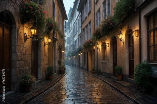 A classic old town in the countryside of Medieval Europe in the quiet twilight