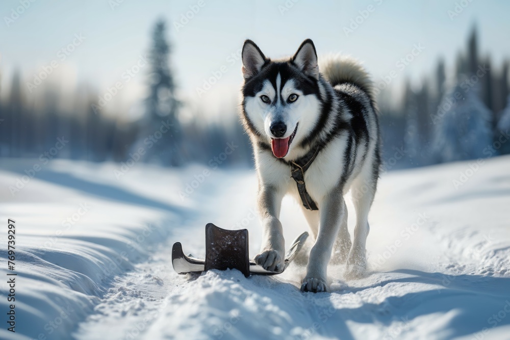 High-speed action shot of a Siberian Husky sledding through a snowy landscape showcasing the power and grace High-speed action shot of a Siberian Husky sledding through a snowy landscape showcasing the power and grace