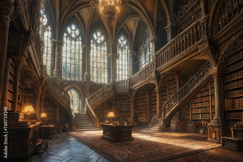 Concept art of old library filled with towering bookshelves and ancient tomes, dust floating in the air