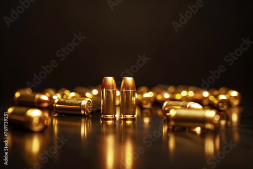 Frontal view, golden bullets cartridges randomly scattered on the dark floor. studio light