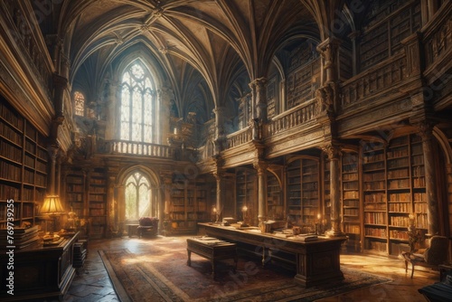 Concept art of old library filled with towering bookshelves and ancient tomes  dust floating in the air