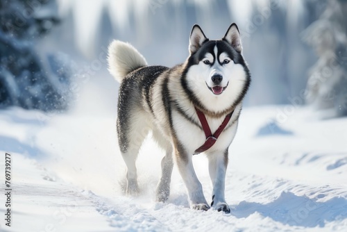 High-speed action shot of a Siberian Husky sledding through a snowy landscape showcasing the power and grace