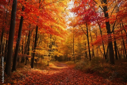 Concept art of vibrant autumn forest, with leaves in shades of red, orange, and yellow