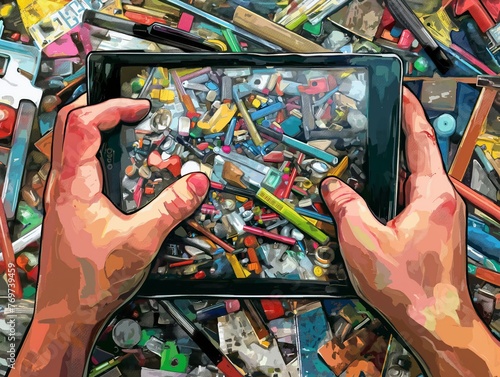 A person is holding a tablet in their hands, looking at a pile of trash. Concept of disgust and wastefulness photo