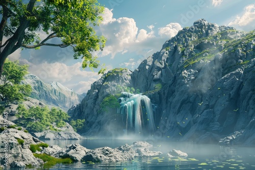 a beautiful scenic view of an amazing landscape of waterfall falling into the river with mountains and trees 