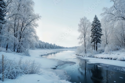 A snowy winter landscape, with snow-covered trees and a frozen lake.