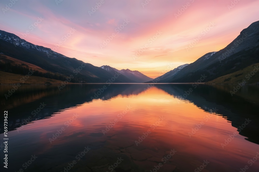 A serene mountain lake at dawn, the water reflecting the pink and orange sky