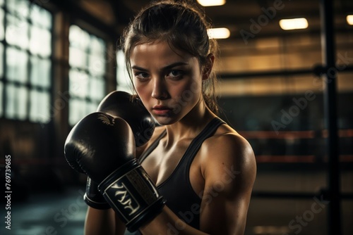 Young woman in a boxing stance, training in an industrial-style gym, raw energy and focus © fourtakig