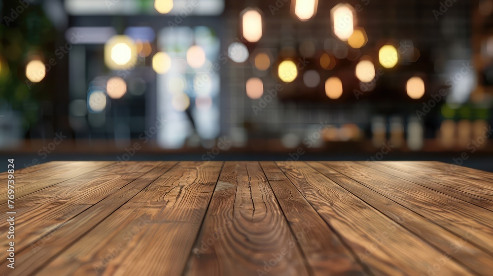 Wood table top on blur background of studio - can be used for montage or display your products for business , The empty wooden table top with blur background of indoor vintage cafe