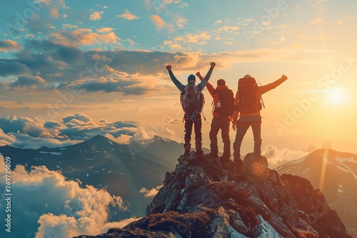 Visualize three people at the pinnacle of a mountain, joining hands and raising them high in a jubilant gesture of overcoming obstacles and achieving success together photo
