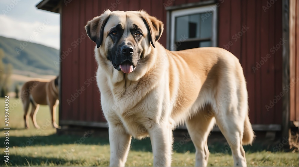 A anatolian shepherd dog standing on a farm background with farmhouse ranch from Generative AI