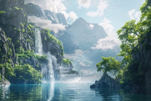 a beautiful scenic view of an amazing landscape of waterfall falling into the river with mountains and trees 