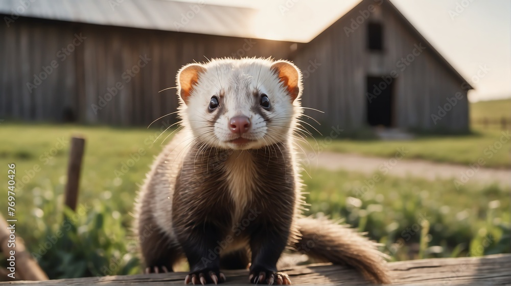 Fototapeta premium A ferret standing on a farm background with farmhouse ranch from Generative AI