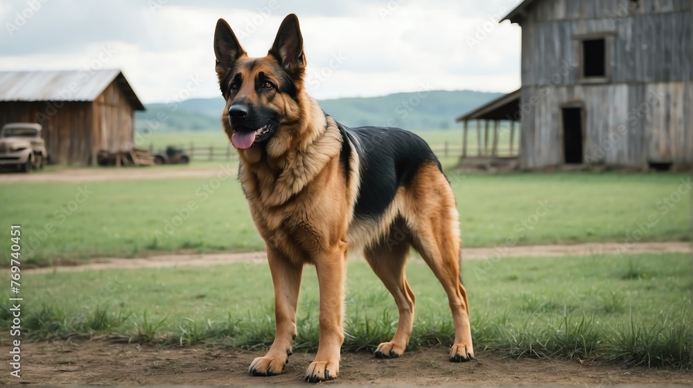A german shepherd standing on a farm background with farmhouse ranch from Generative AI