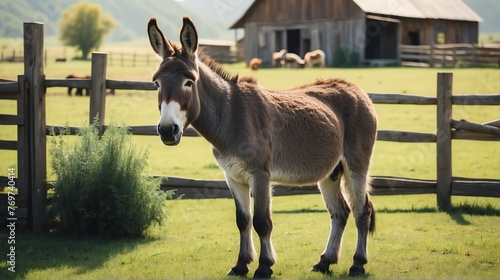 A donkey standing on a farm background with farmhouse ranch from Generative AI