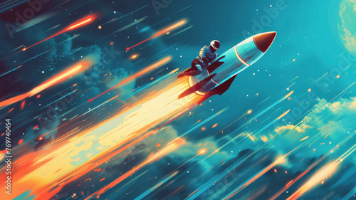 A figure riding a rocket, dodging obstacles labeled with common startup challenges © FoxGrafy