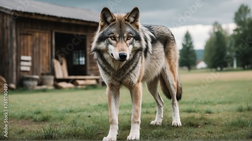 A gray wolf standing on a farm background with farmhouse ranch from Generative AI