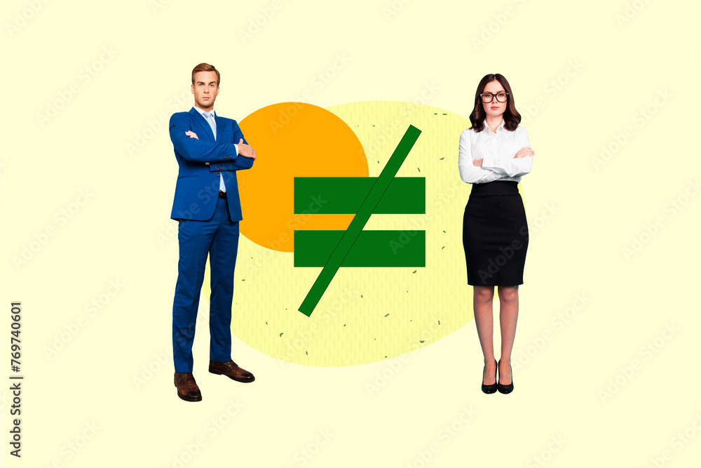 Creative collage picture standing young colleagues businesspeople crossed equal sign match dispute argument confident handsome man Creative collage picture standing young colleagues businesspeople crossed equal sign match dispute argument confident handsome man