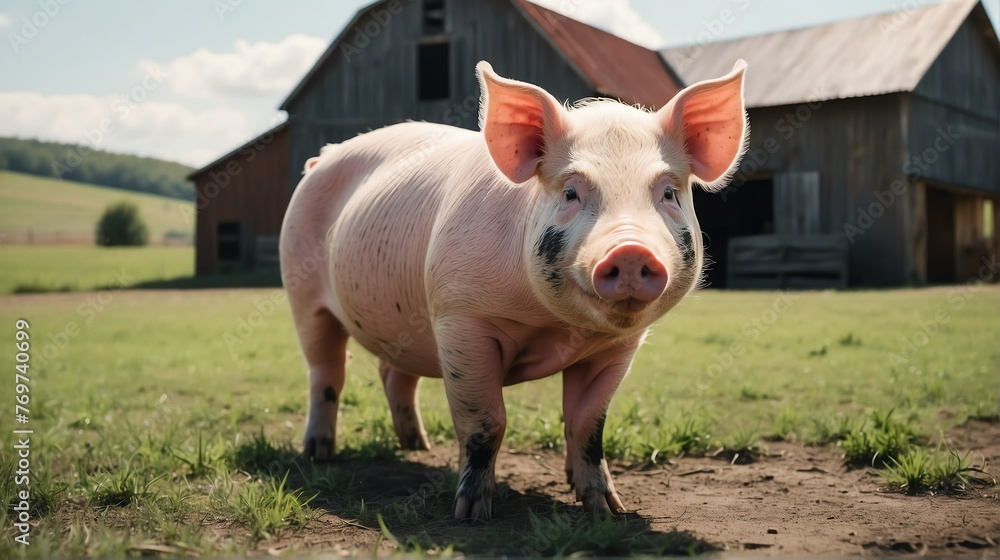 A pig standing on a farm background with farmhouse ranch from Generative AI A pig standing on a farm background with farmhouse ranch from Generative AI