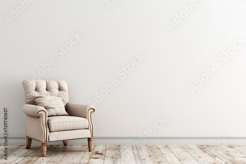 a luxury classic royal style comfortable armchair on a wooden floor with a white wall in background photo