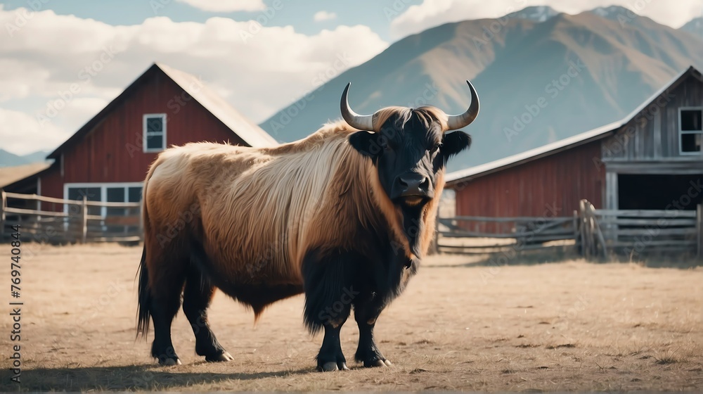 A yak standing on a farm background with farmhouse ranch from Generative AI - obrazy, fototapety, plakaty 