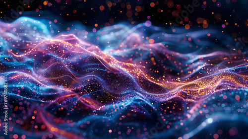 Vibrant waves flowing in an abstract digital space  resembling neural networks dotted with glittering nodes and data particles.