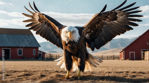 An eagle standing on a farm background with farmhouse ranch from Generative AI