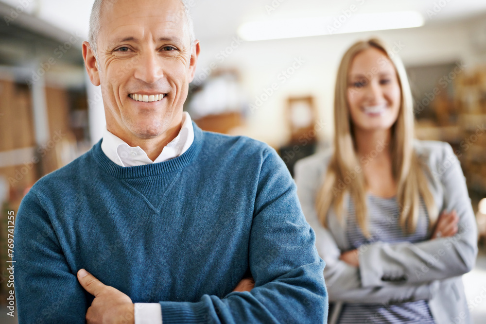 Mature, man and portrait of boss with arms crossed in warehouse for confidence or leadership in logistics industry. Collaboration, executive and employer with happiness for career and service Mature, man and portrait of boss with arms crossed in warehouse for confidence or leadership in logistics industry. Collaboration, executive and employer with happiness for career and service