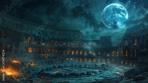 Ancient coliseum where spectral gladiators battle under a full moon © Anuwat