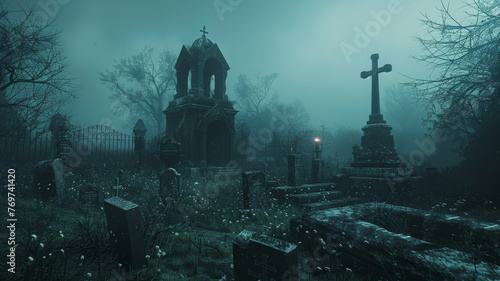 Cursed graveyard where spirits roam, with an ancient crypt at its heart photo