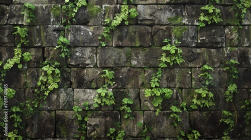 A rough stone wall pattern, reminiscent of the lost cities and ruins, with moss and vine overlays, creating a mysterious and ancient backdrop created with Generative AI Technology #769741465