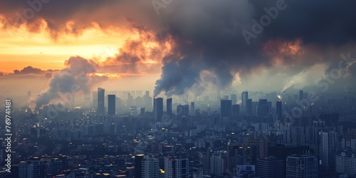 A city skyline is shown with a large cloud of smoke in the background