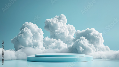 Floating cloud podium in a clear blue sky, for lightweight and airy products