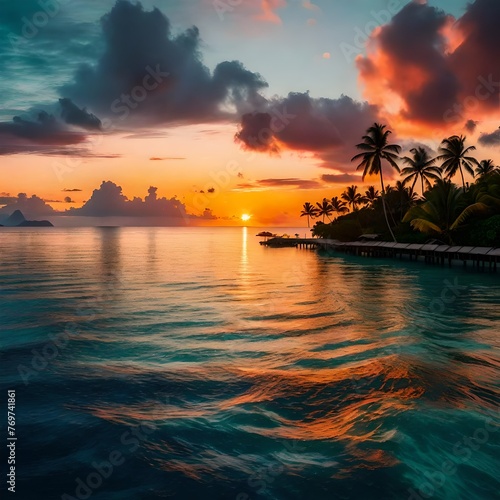 Stunning colorful sunset sky with clouds on the horizon of the South Pacific Ocean. Lagoon landscape in Moorea. Luxury travel