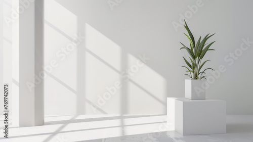 Minimal white cube podium in a bright studio, for clean and simple product designs © FoxGrafy