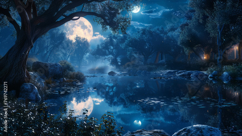 Moonlit grove with a mystical pond  reflection showing another world