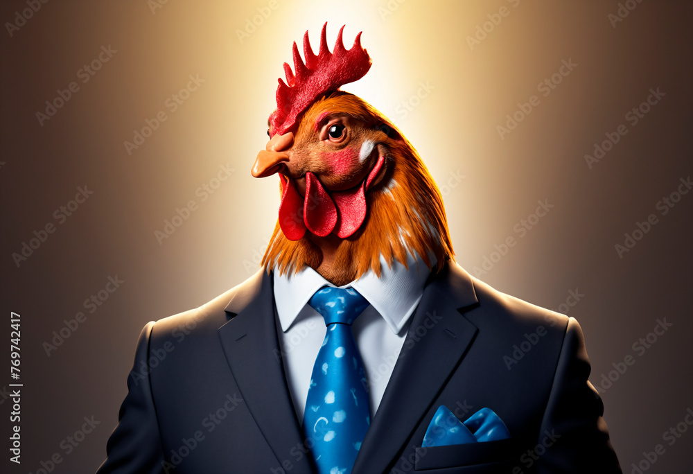 Dapper Rooster in Suit and Tie. A rooster confidently stands wearing a black suit and tie, showcasing a unique and humorous sight.