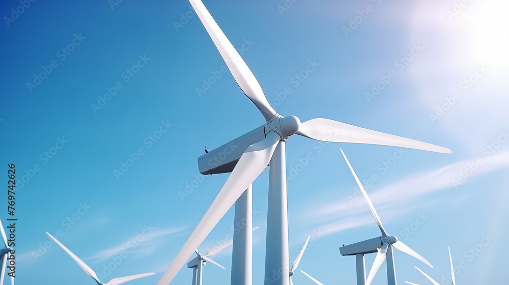 Wind turbine for sustainable energy , an environmentally, friendly with sunshine blue sky and clouds background Wind turbine for sustainable energy , an environmentally, friendly with sunshine blue sky and clouds background