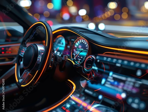 A modern vehicle's dashboard and steering wheel illuminated by ambient lights with a bokeh city backdrop.