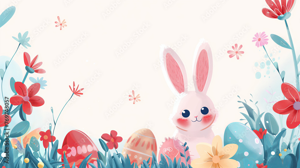 Cute abstract easter border with bunnny eggs and flowers on white Cute abstract easter border with bunnny eggs and flowers on white