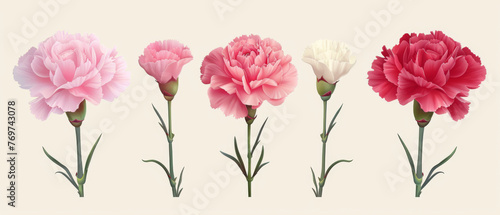 Five colorful paper carnations in a row against a soft beige backdrop, ideal for creative projects and decorations.
