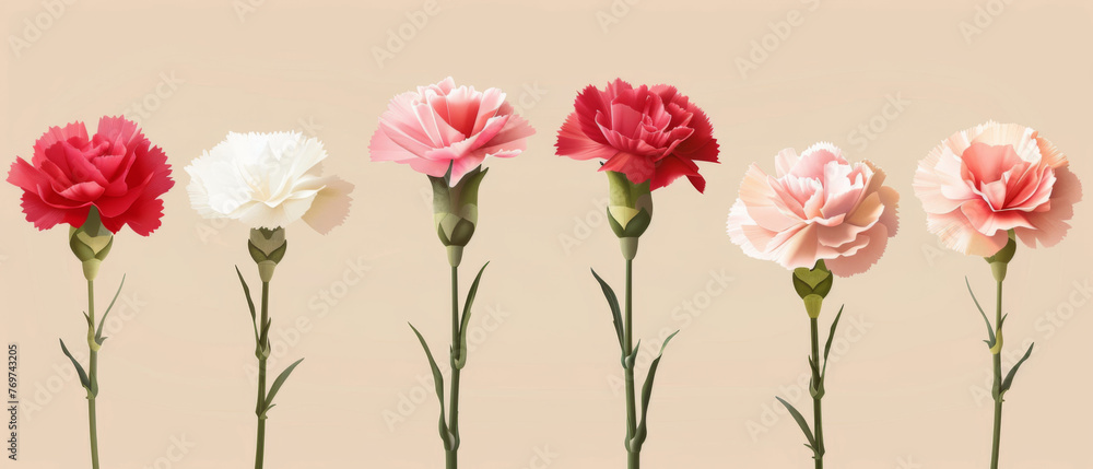 Five colorful paper carnations in a row against a soft beige backdrop, ideal for creative projects and decorations.