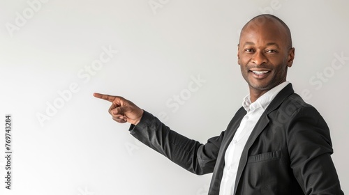 Envision a portrait of a confident businessman, dressed in professional attire, pointing towards the left side of the frame.  