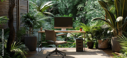 Office in the jungle, 3D illustration