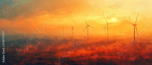 Wind farm, oil painting effect, renewable energy, sunset glow, aerial perspective.