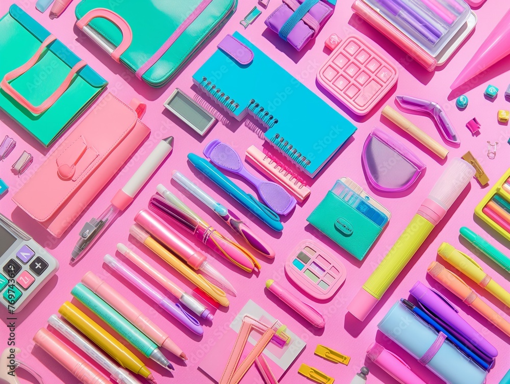 A colorful assortment of school supplies, including pens, pencils, and a calculator, arranged on a pink background