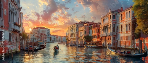 Venetian canal, oil painting effect, gondolas, soft sunset, wide-angle perspective.