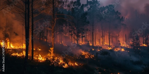 A forest fire is raging through a wooded area